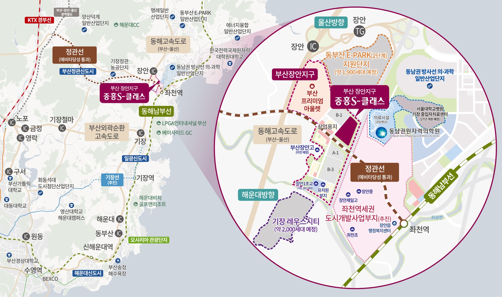 부산 장안지구 중흥S-클래스 입지도 — 동해선 좌천역, 정관선 예타 통과, 부산 프리미엄아울렛, 동남권 방사선 의·과학 산업단지